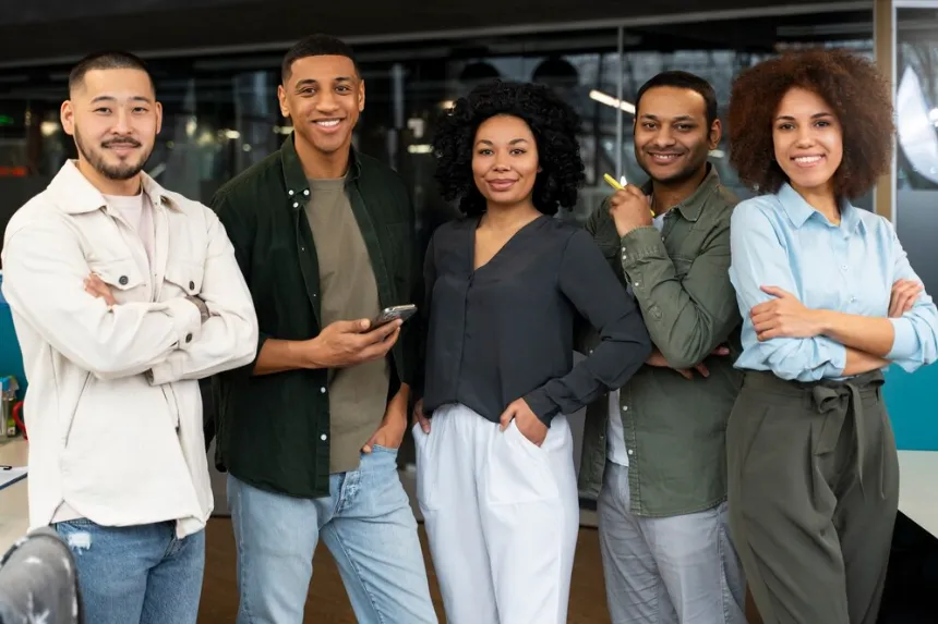 Diverse team portrait Friendly diverse startup team poses together after adding their company to the directory to gain local customers